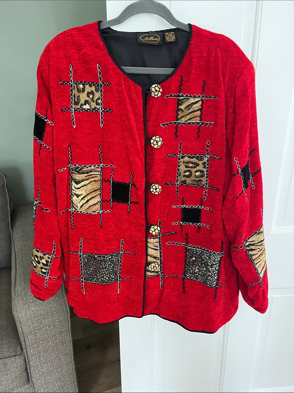 Allure Red Chenille Jacket with Black Tan Patchwork Trim 22/24